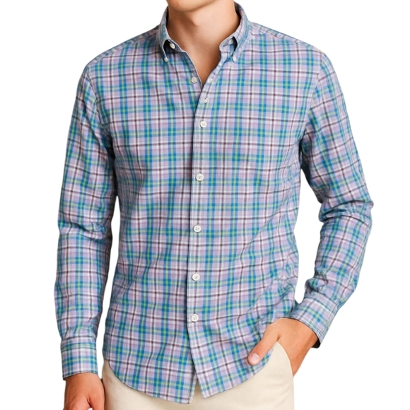FREE ASSEMBLY Tattersall Plaid Button Down Shirt Blue Purple Cotton Men M Sample - Picture 1 of 13